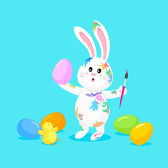 White rabbit painting Easter eggs. Cute bunny. Cartoon character design,  vector illustration isolated on blue background.
