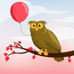 vector illustration of an owl sitting on a branch holding a red balloon