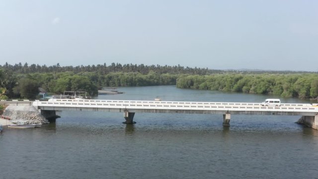 Aerial View of Bridge Over Beautiful Tres Palos Lagoon in Narra Vieja, Acapulco Region, Mexico