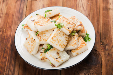 Turnip cake and xo sauce stir fried with tea，radish cake, turnip cake,