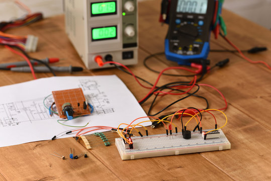 Electrical Circuit Assembled On Breadboard, Electronic Board.