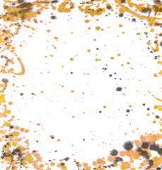  Ink splatter texture background. Square frame. Gold drops on a white background.Stains, blots, strokes. background, spot, isolated, stain, design, graphic, art, grunge, texture, ink, black, abstract.