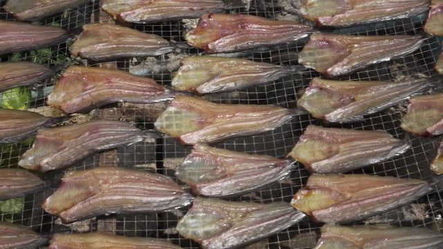Close up, pan right of fish fillets on drying rack, Bangkok, Thailand