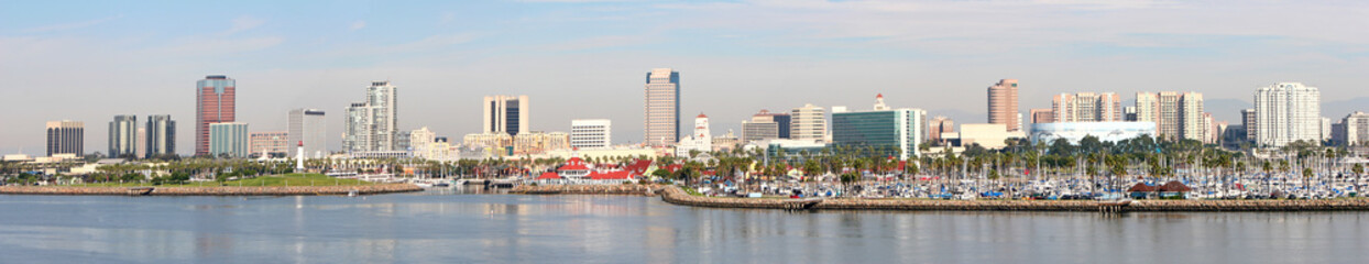 Long Beach modern city skyline, marina and Shoreline Village panorama in City of Long Beach, Los Angeles County, California CA, USA.