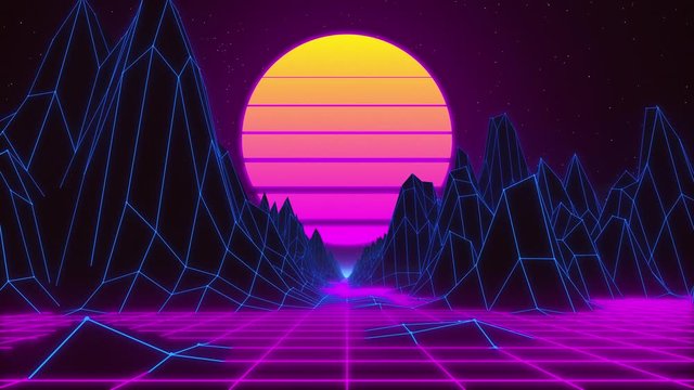 Vaporwave loop. 80s retro background animation. Dreamwave horizon landscape with neon lights and low poly terrain. Glow effect and sun moves to the beat of the music. Background render 3d