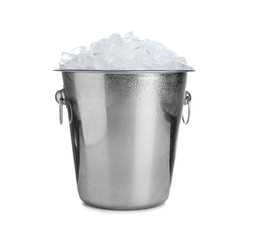 Metal bucket with ice cubes isolated on white