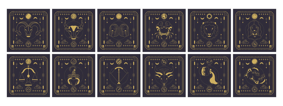 Set of zodiac signs icons. Astrology horoscope with signs and planets.