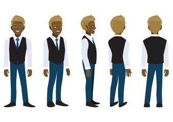 Fototapeta na wymiar Cartoon character with American African business man in a smart shirt and waistcoat for animation. Front, side, back, 3-4 view animated character. Flat vector illustration.