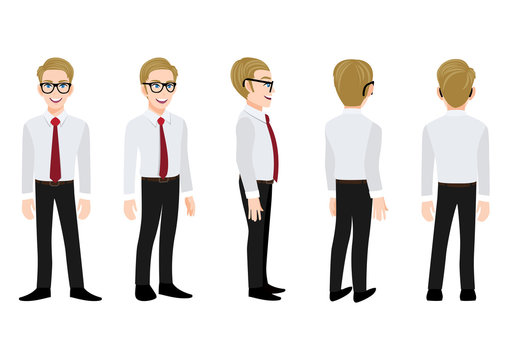 Cartoon character with business man in a smart shirt for animation. Front, side, back, 3-4 view animated character. Flat vector illustration.