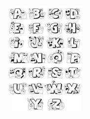Coloring page english alphabet for children with funny and sad monsters. Design elements, twenty six   letters, for coloring.