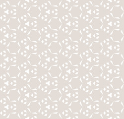 Subtle vector geometric seamless pattern with small diamond shapes, triangles, hexagonal grid, lattice. Elegant abstract ornament texture. White and beige background. Repeat design for decor, curtains