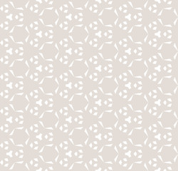 Subtle vector geometric seamless pattern with small diamond shapes, triangles, hexagonal grid, lattice. Elegant abstract ornament texture. White and beige background. Repeat design for decor, curtains