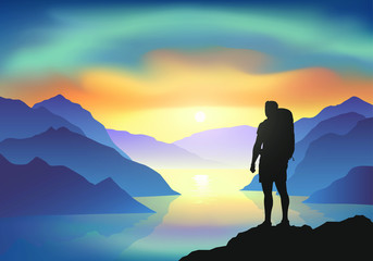 Hiker with backpack on a cliff enjoy the sunrise with majestic colorful clouds above the mountain lake. Vector illustration, EPS 10.