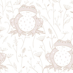 Vector Frog on Meadow Florals in Soft Beige seamless pattern background.