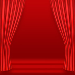 Background with 3D illustration luxury red silk velvet curtains.