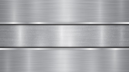 Background in silver and gray colors, consisting of a shiny metallic surface and two horizontal polished plates located above and below, with a metal texture, glares and burnished edges