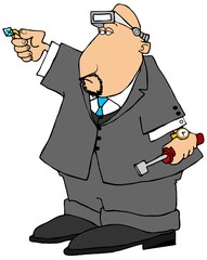 Illustration of a bald jeweler in a suit wearing a magnifier examining a ring.