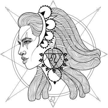  black and white coloring book profile girl lion fangs queen goddess zodiac sign horoscope