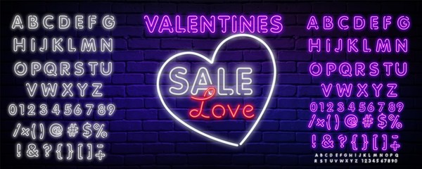 Neon banner with Valentine's Day with neon font. neon alphabet Valentine lamp romance heart shape. Color vector tag with the inscription light glow poster. Night club neon lamp brick wall
