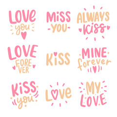 Set of love lettering stickers. Modern hand drawn typographic feeling words.