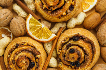 Buns with cinnamon, raisins and nuts and other ingredients