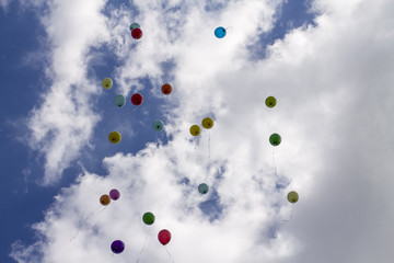 inflatable balloons in the sky released into the sky at graduation in school kindergarten. Multicolored inflatable balloons with helium flying in the sky