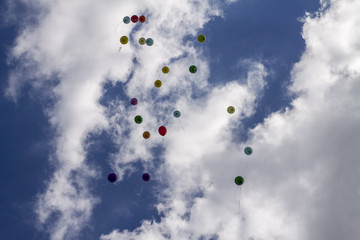 inflatable balloons in the sky released into the sky at graduation in school kindergarten. Multicolored inflatable balloons with helium flying in the sky