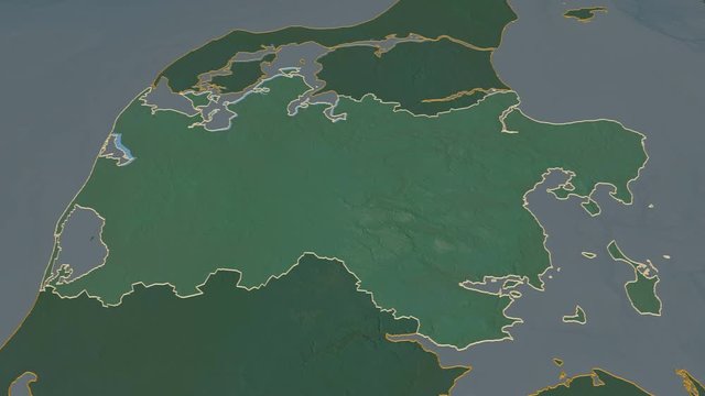 Midtjylland, region with its capital, zoomed and extruded on the relief map of Denmark in the conformal Stereographic projection. Animation 3D