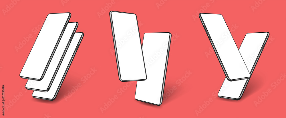 Aufkleber Compositions from smartphones, templates for design and presentations. Mobile phones with blank screens. 3D realistic mockups with rotated positions. Template smartphones compositions. Vector set