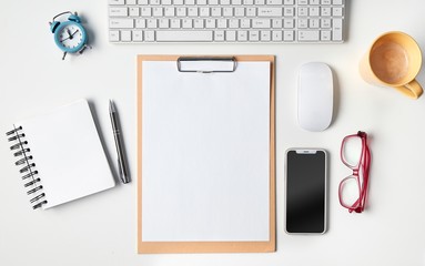 Desktop, workspace, supplies and a4 blank paper