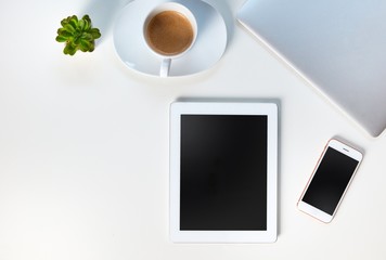 Desktop, workspace, supplies and a4 blank paper