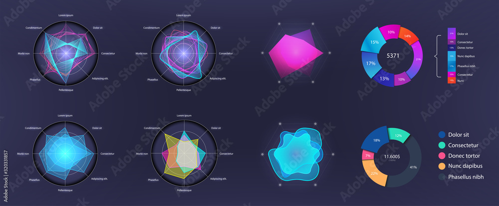 Poster Modern vector circle infographics set. Dashboard elements, circle info charts. Template for diagram, graph, presentation and chart. Vector set