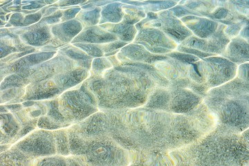 Soft focus. Abstract water background. Clean transparent azure water backdrop. Pure sea with sun glare on the surface of water. Textured water surface with selective focus and sun beams. Summertime 