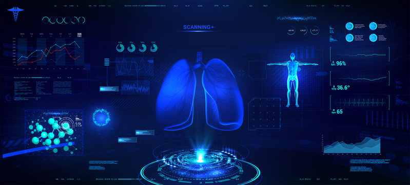 Modern medical examination in the style of HUD. Hologram of human lungs with data, charts and infographics. Futuristic Healthcare illustration. 3D lungs. Vector illustration