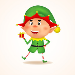 Little elf with gift present. Vector illustration of elf on white background. Isolated.