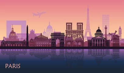 Poster Stilisierte Landschaft von Paris mit Eiffelturm, Arc de Triomphe und Kathedrale Notre Dame und anderen Attraktionen © Katsiaryna