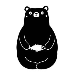 Vector illustration with hungry cartoon bear holding small white fish.