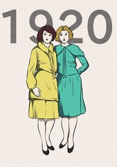 a pair of women posing in 1920s style clothes. illustration - 320333676