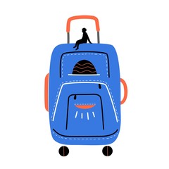 Vector illustration with small man silhouette on huge suitcase with wheels. Luggage, travel bag.