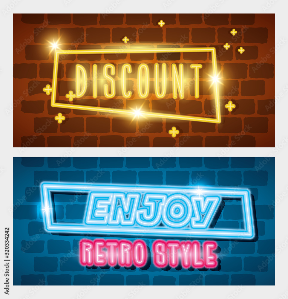 Poster set labels retro style of neon light vector illustration design