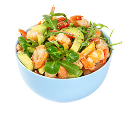 Salad with avocado, shrimp, fresh cherry tomatoes and arugula