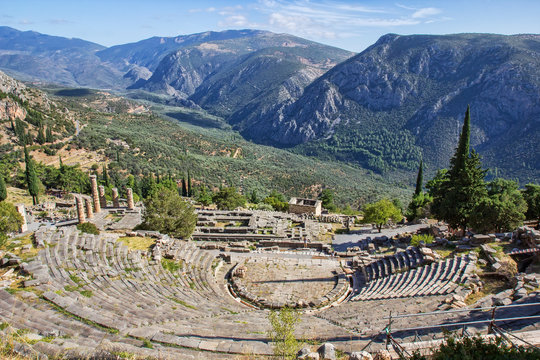 Ruins of the ancient theatre and Temple of Apollo at Delphi, Greece