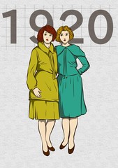 a pair of women posing in 1920s style clothes. illustration - 320334600
