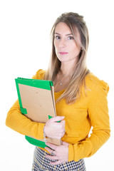 Young business woman over isolated white background with arms crossed aside looking forward