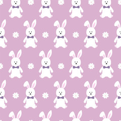 Seamless pattern of cute cartoon character Bunny and floral elements. Vector illustration.