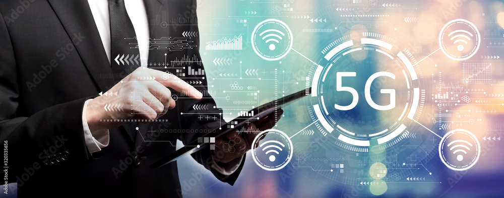 Poster 5g network with businessman using his tablet computer
