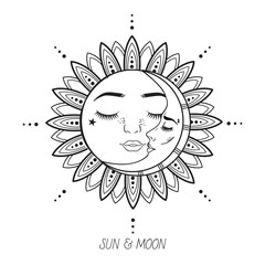 Vector sweet illustration of contour sketch for tattoo, can be used as fashion print for t shirt, linear black and white drawing of sleeping sun and moon with lettering isolated on hite background