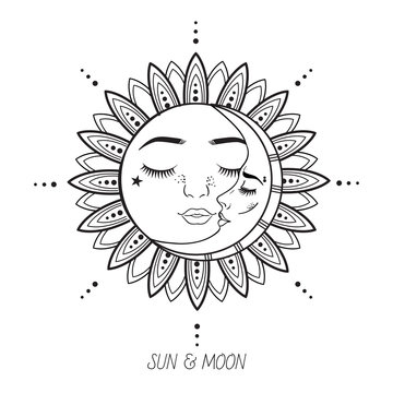 Vector sweet illustration of contour sketch for tattoo, can be used as fashion print for t shirt, linear black and white drawing of sleeping sun and moon with lettering isolated on hite background