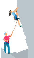Climbing group man and woman couple tourists ascend the mountain. Boyfriend and girlfriend outdoor activity. Young man stands on ground and insures the girl cartoon vector illustration