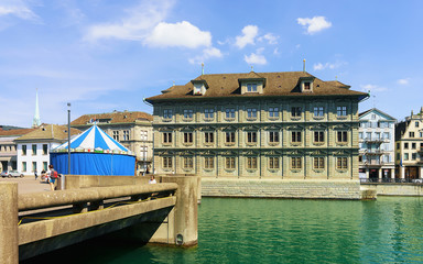 Old Town Hall in River Limmat in Zurich, Switzerland. Mixed media.